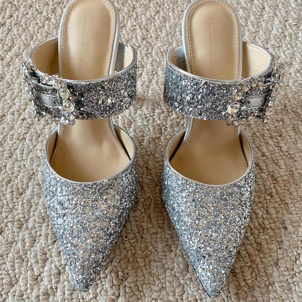 Glitter crystal silver heel mules